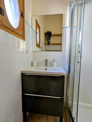 a bathroom with a sink and a shower at Studio cosy et spacieux in Carcassonne