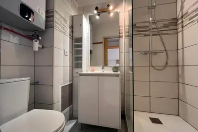 a bathroom with a shower and a toilet and a sink at Charming studio with sea view Gruissan in Gruissan