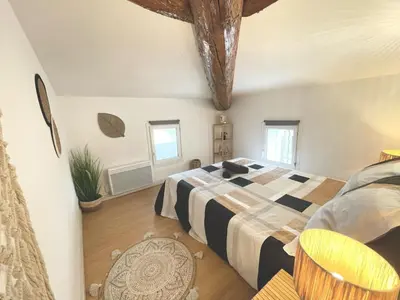 a bedroom with a large bed in a room at AppartZen proche Cité de Carcassonne et lac de la Cavayère in Trèbes