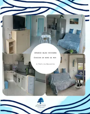 a collage of photos of a bedroom and a kitchen at Bleu Riviera Lumière, Calme et Air Marin in Port-la-Nouvelle