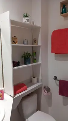 a bathroom with a toilet and a red towel at Studio Robine les halles avec clim in Narbonne