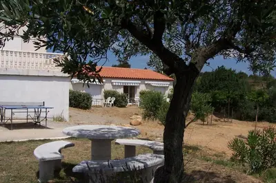 a picnic table under a tree next to a house at Le Fenouillet Chambres D'hotes proche des Grands Buffets in Narbonne
