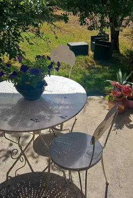 two chairs and a table with a vase on it at Gîte familial 10 places in Castelnau-de-Brassac