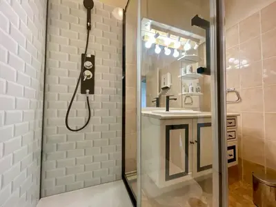 a shower in a bathroom with a sink at Le Vintage des Oliviers - Vue Aude ascenseur et parking in Carcassonne