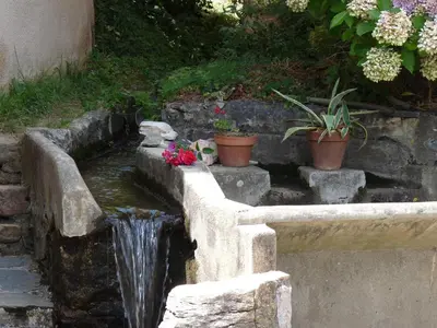 a water feature with potted plants and a waterfall at Villa hameau paisible Ardouane, à côté voie verte in Riols