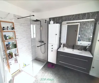 a bathroom with a shower and a sink and a mirror at Lumineuse villa au pied de la pinède in Lézignan-Corbières