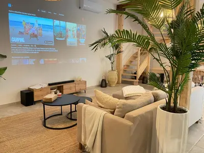 a living room with a couch and a potted plant at Villa de charme avec spa in Pamiers