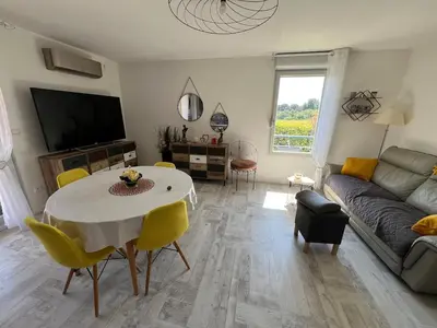 a living room with a table and a couch at Appartement vue château in Carcassonne