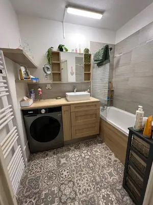 a bathroom with a sink and a washing machine at Appartement vue château in Carcassonne