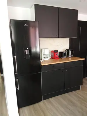 a black refrigerator in a kitchen with black cabinets at La Céliane- climatisé avec patio classé 3 étoiles in Castelnaudary