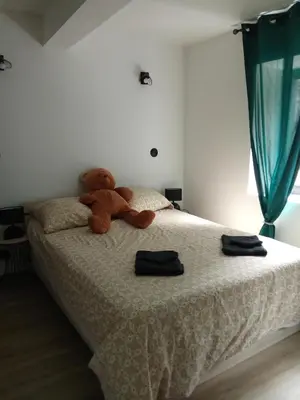 a teddy bear sitting on top of a bed at La Céliane- climatisé avec patio classé 3 étoiles in Castelnaudary