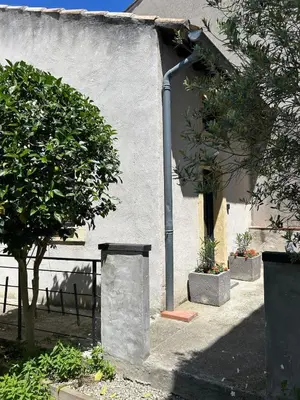 a building with two potted trees and a fence at Maison loft au cachet ancien in Villasavary