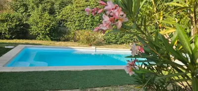 a swimming pool in a yard with pink flowers at Les hauts de Palaja, villa with pool and parking in Palaja