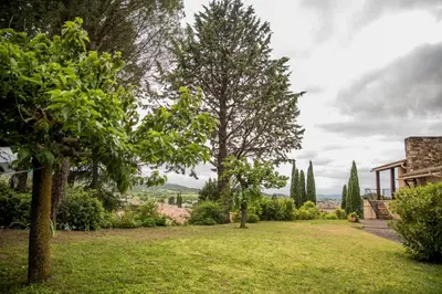 a view of a yard with trees and a house at Les hauts de Palaja, villa with pool and parking in Palaja