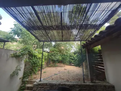 a view from the inside of a house with a roof at La Redorte 23 in La Redorte