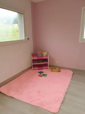 a room with a pink rug and a window at L'arche rose in Nailloux