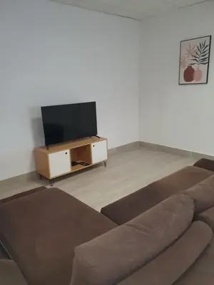 a living room with a couch and a flat screen tv at L'arche rose in Nailloux
