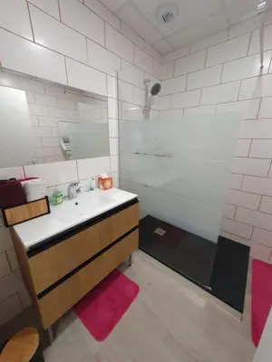 a bathroom with a sink and a shower at L'arche rose in Nailloux