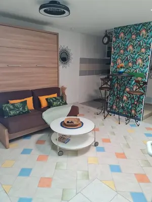 a living room with a couch and a table at La Tropicale, studio climatisé avec parking, Proche Cité médiévale in Carcassonne