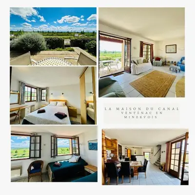 a collage of four pictures of a room at La maison du canal in Ventenac en Minervois