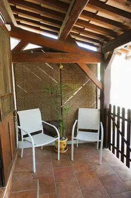 two chairs and a potted plant on a porch at Albizia in La Redorte