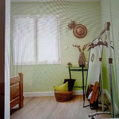 a room with green walls and a window and a shelf at Chez Hélène et Michel in Preixan