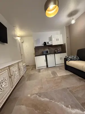 a living room with a couch and a kitchen at studio centre ville in Narbonne