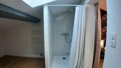a bathroom with a shower with a shower curtain at COSY APPARTEMENT INDEPENDANT I 2 LITS l 1 CHAMBRE I 2 TV I Netflix l Terrasse in Castres