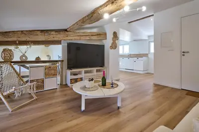 a living room with a table and a tv at Charme, confort en centre-ville in Limoux