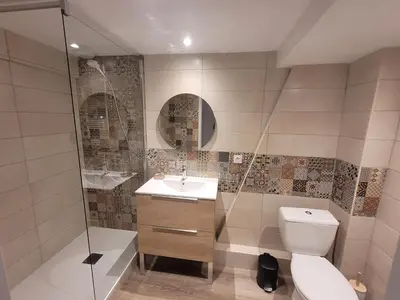 a bathroom with a toilet and a sink and a shower at Gîte le Courdel in Les Brunels