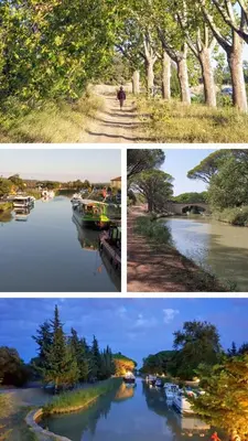 three different pictures of a river with boats on it at Studio bateau au Somail in Saint-Nazaire-dʼAude