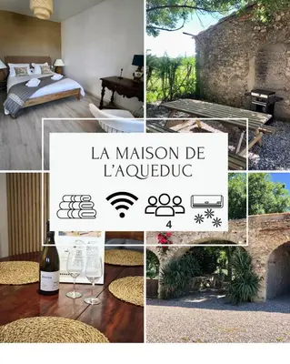 a collage of photos of a room with a bed and wine glasses at La Maison de l'Aqueduc - 4 pers au cœur des vignes - in Cournanel