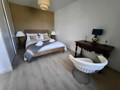 a bedroom with a bed and a bath tub and a sink at La Maison de l'Aqueduc - 4 pers au cœur des vignes - in Cournanel
