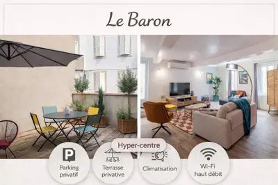 a collage of photos of a living room at Le Baron terrasse et parking cœur de Castres in Castres