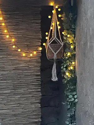 a hanging basket with lights on a wall at Large charming house surrounded by nature in Brassac