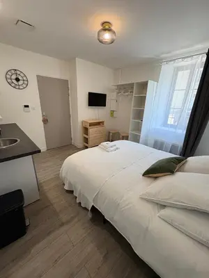 a bedroom with a large white bed and a sink at Studio in Mirepoix