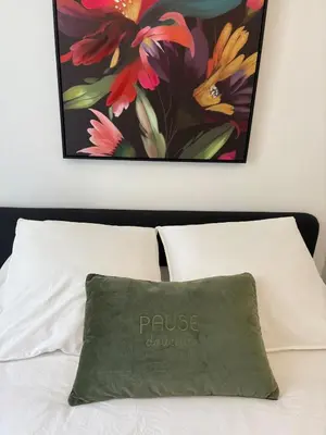 a painting above a bed with a pillow on it at Studio in Mirepoix