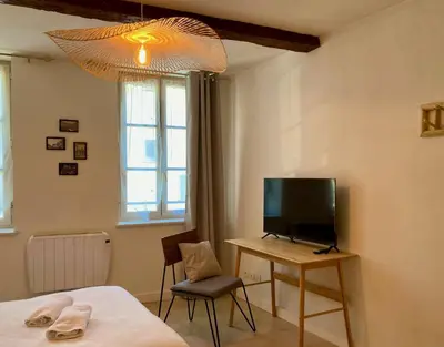 a bedroom with a bed and a tv on a table at Le Repaire Légendaire in Carcassonne