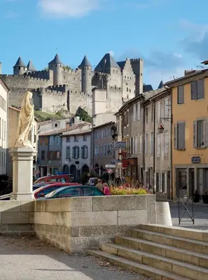 a city with a castle in the background at Le Repaire Légendaire in Carcassonne