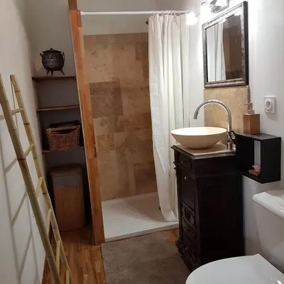 a bathroom with a shower with a sink and a toilet at Gîte de la tour avec piscine entre Carcassonne et narbonne in Capendu