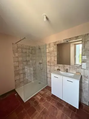 a bathroom with a shower and a sink at Gîte de Montplo-Cruzy in Cruzy