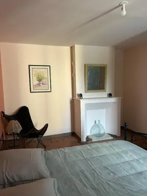 a bedroom with a bed and a chair and a fireplace at Gîte de Montplo-Cruzy in Cruzy