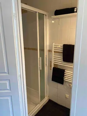 a bathroom with a glass shower with towels at Studio Cosy proche Cité Centre WiFi in Carcassonne
