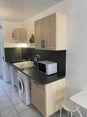 a kitchen with a sink and a microwave on a counter at Studio Cosy proche Cité Centre WiFi in Carcassonne