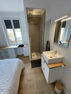a bathroom with a bed and a sink and a mirror at Le Gite Hector in Carcassonne