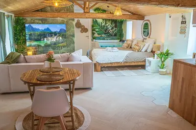 a living room with a couch and a table at Loft & Spa Scandinave Romantique, King Size, TV 65 in Narbonne