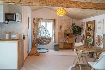 a living room with a table and a room with a tree at Loft & Spa Scandinave Romantique, King Size, TV 65 in Narbonne