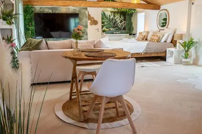 a living room with a table and a couch at Loft & Spa Scandinave Romantique, King Size, TV 65 in Narbonne