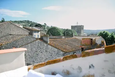 a view of a city with roofs and a castle at Steinhaus mit Dachterrasse und Badefluss in Ribaute