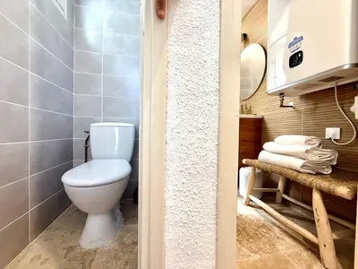 a bathroom with a toilet and a sink at Le Gîte d'Oré - 2 Chambres et Climatisation in Carcassonne